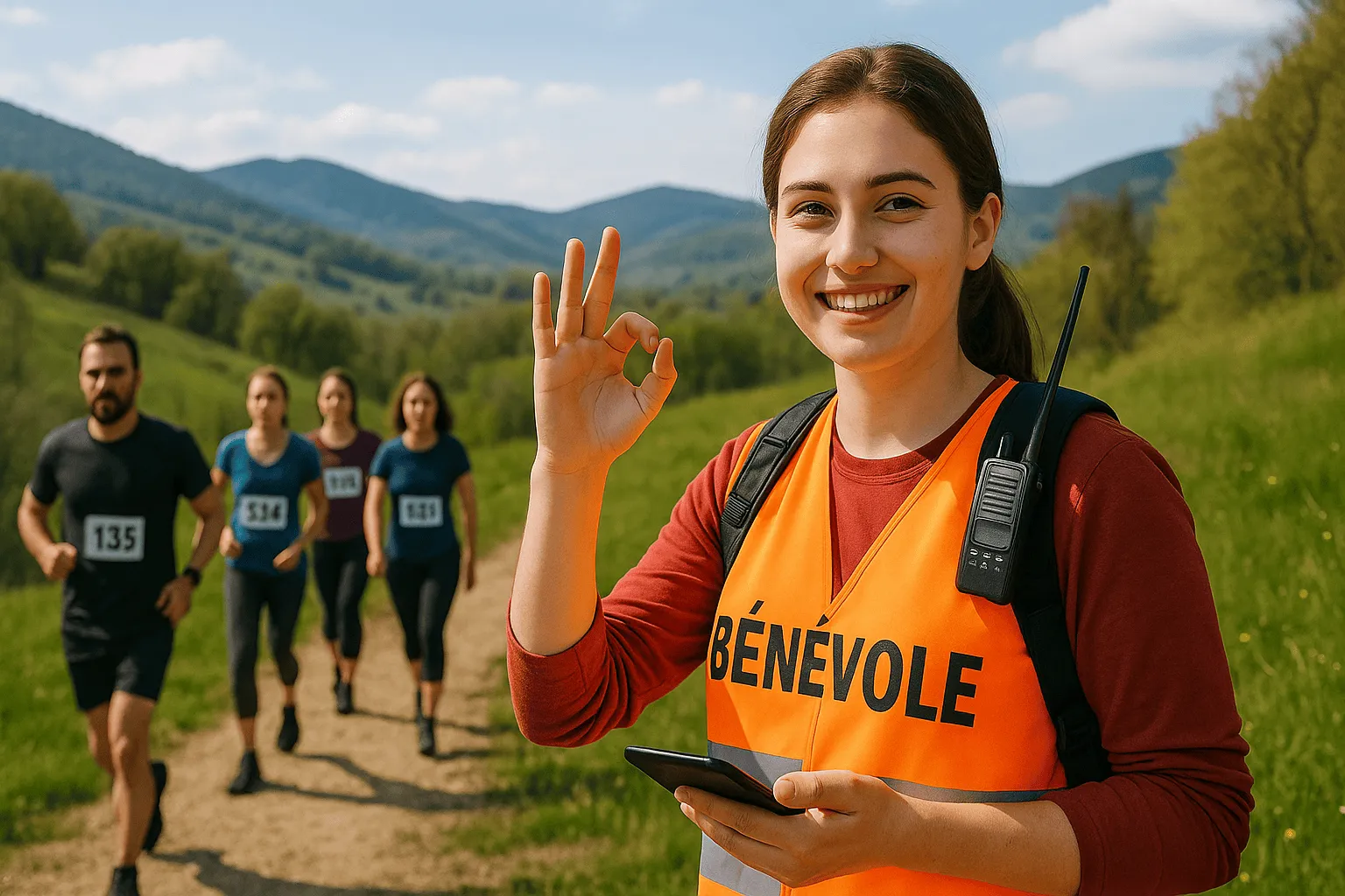 Bénévole souriant lors d'un événement de trail 2