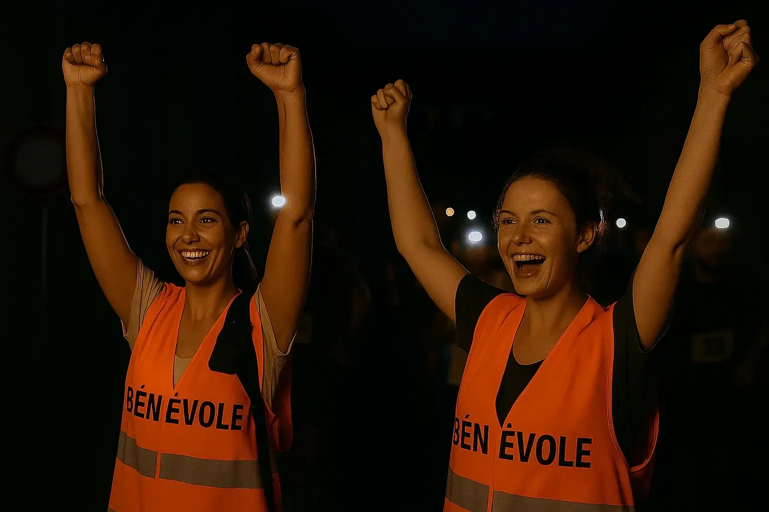 Deux bénévoles en gilet réfléchissant, bras levés, sur une course de nuit