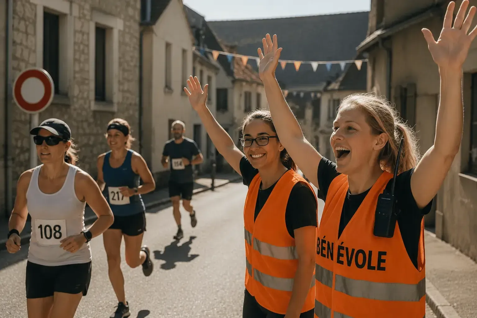 Deux bénévoles encourageant les coureurs dans une rue de village pavoisée