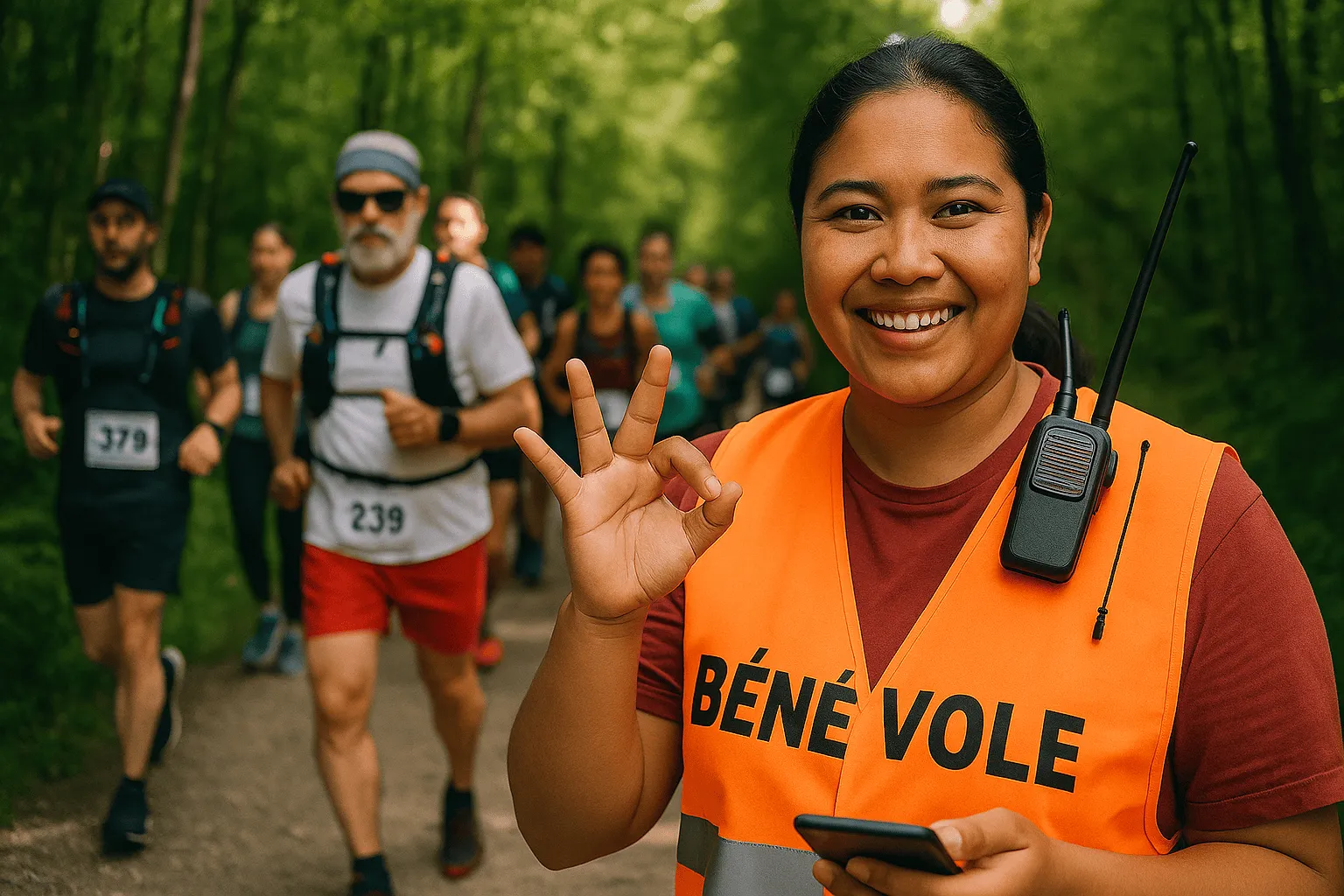 Bénévole souriant lors d'un événement de trail 2