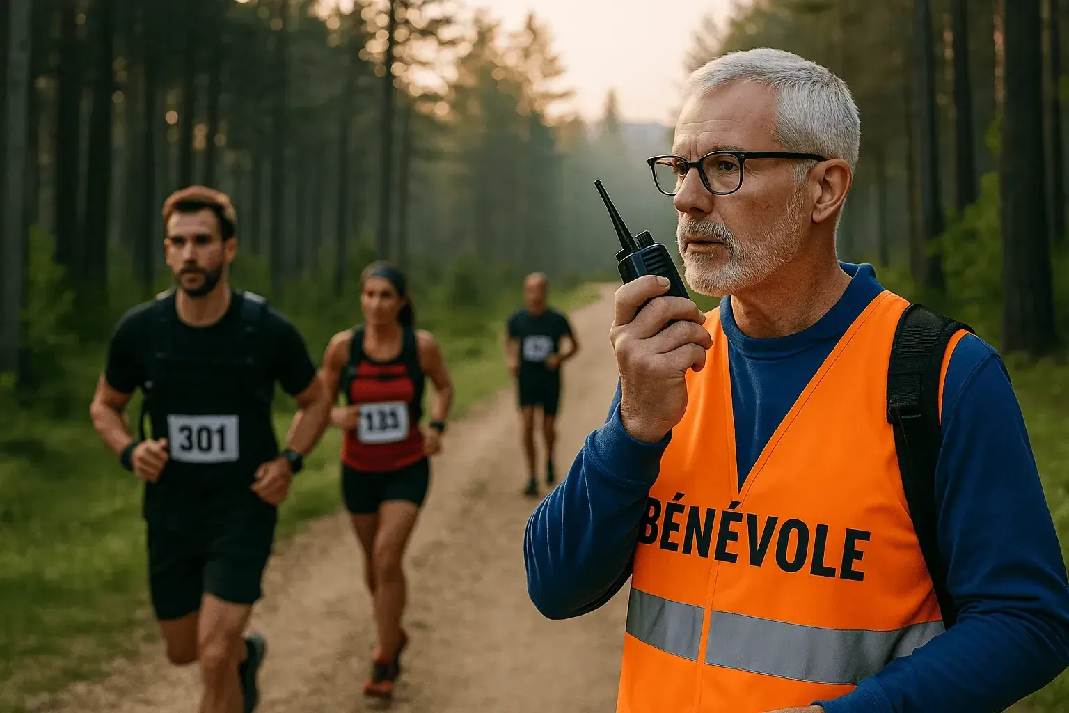 Bénévole transmettant un message au talkie-walkie sur un chemin forestier au lever du jour