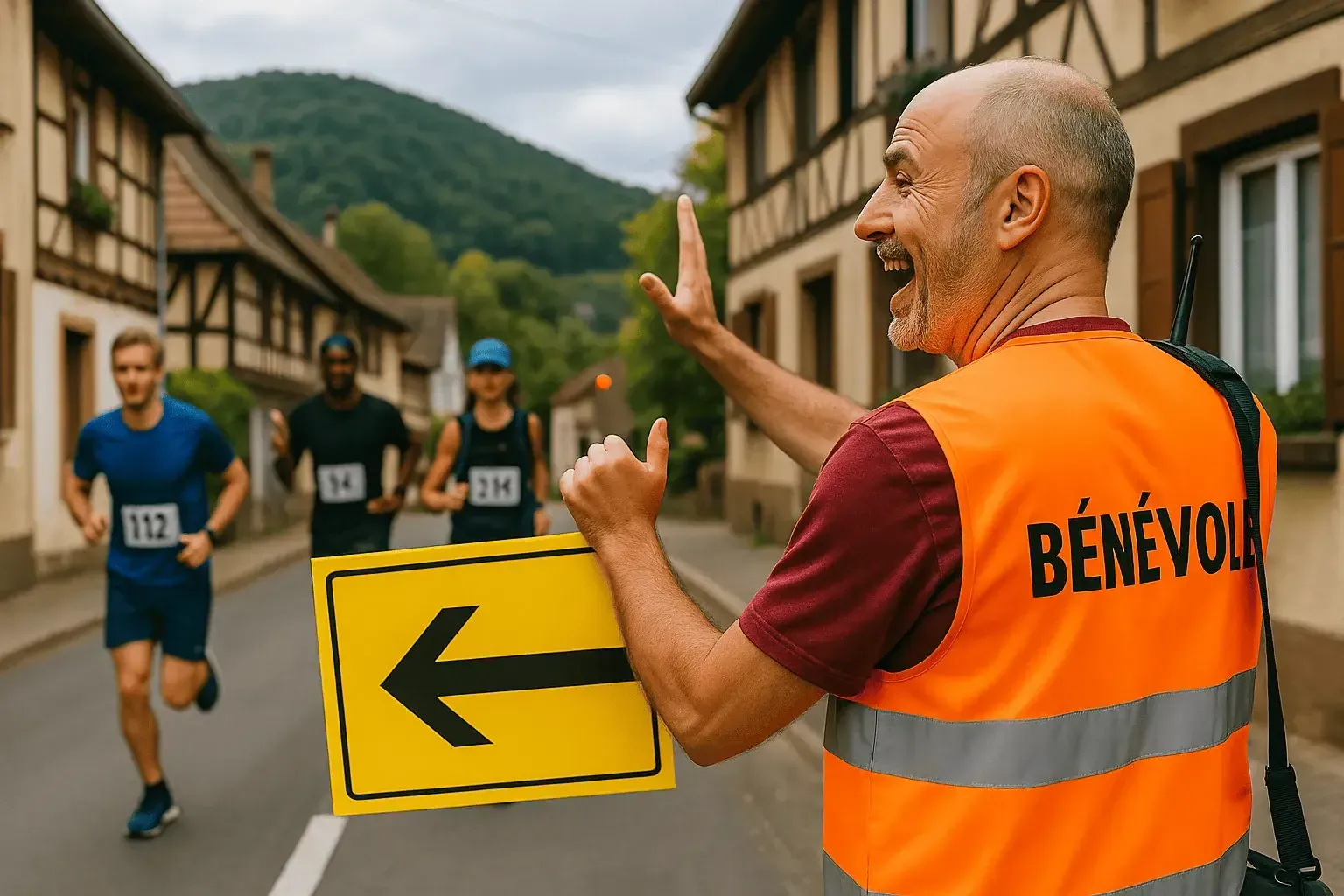 Signaleur indiquant la direction avec une flèche jaune dans une rue à colombages